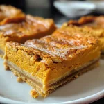 A close-up side view of creamy pumpkin pie bars topped with pecans.