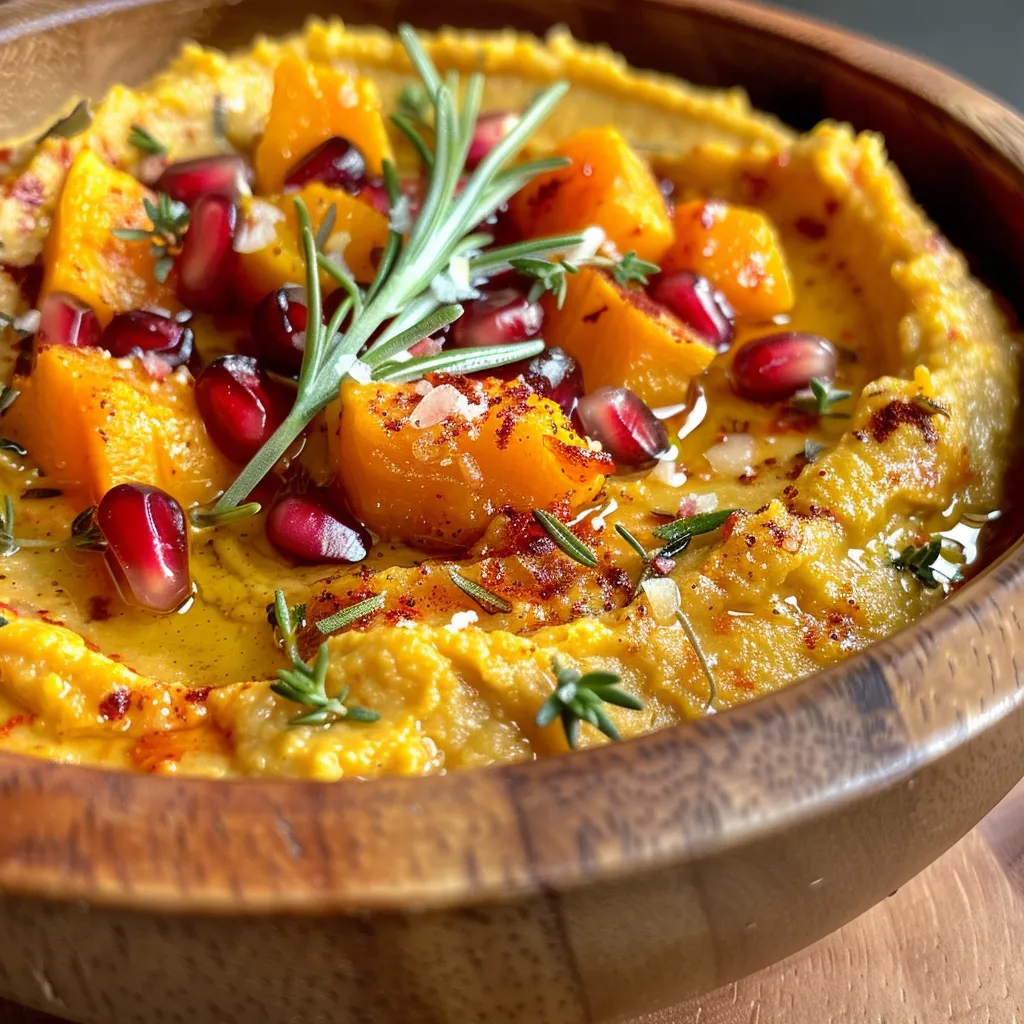 Close-up view of creamy butternut squash hummus topped with cranberries and rosemary.