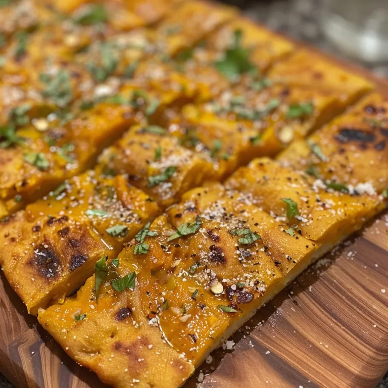 Elevate Your Evenings with Easy Garlic Pumpkin Flatbread A close-up side view of a delicious Garlic Pumpkin Flatbread, showcasing its golden-brown crust and rich toppings.