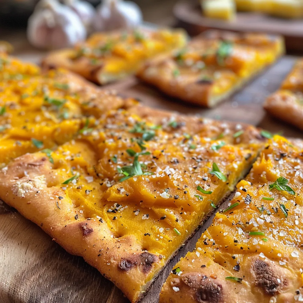 Juicy Garlic Pumpkin Flatbread displayed with a textured surface, highlighting garlic bits and a warm color.