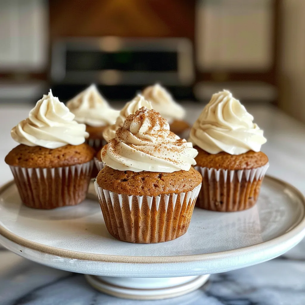 Delicious, moist pumpkin cupcakes decorated with a light cream cheese frosting.