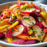 Close-up view of a vibrant Spring Root Vegetable Salad featuring golden beets, carrots, and radishes.