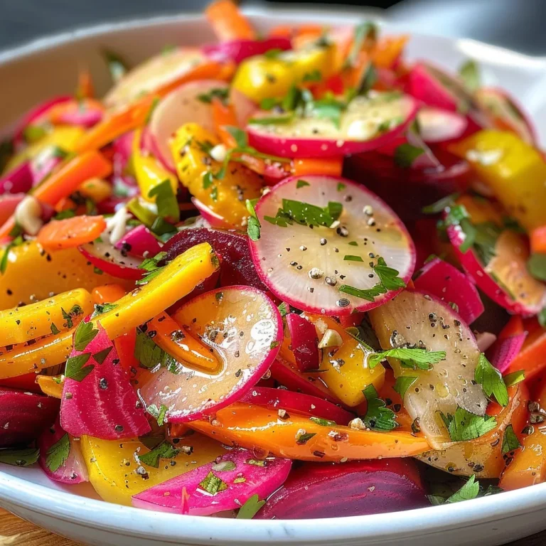 Close-up view of a vibrant Spring Root Vegetable Salad featuring golden beets, carrots, and radishes.