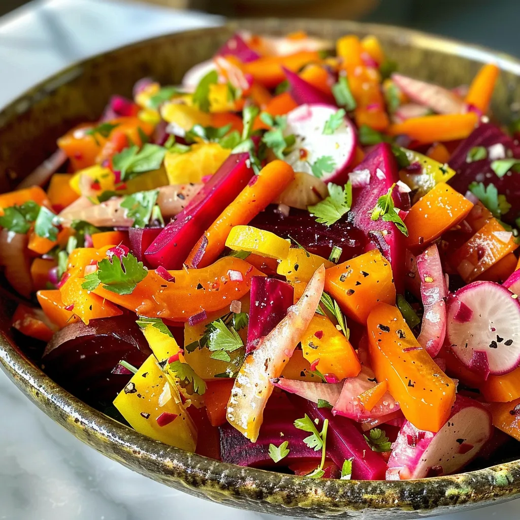 Side perspective of a colorful salad made with shaved golden beets, carrots, and radishes, dressed with apple cider vinaigrette.