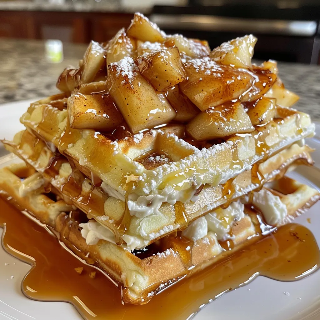 Close-up of golden-brown apple cinnamon waffles topped with fresh apple slices and a drizzle of syrup.