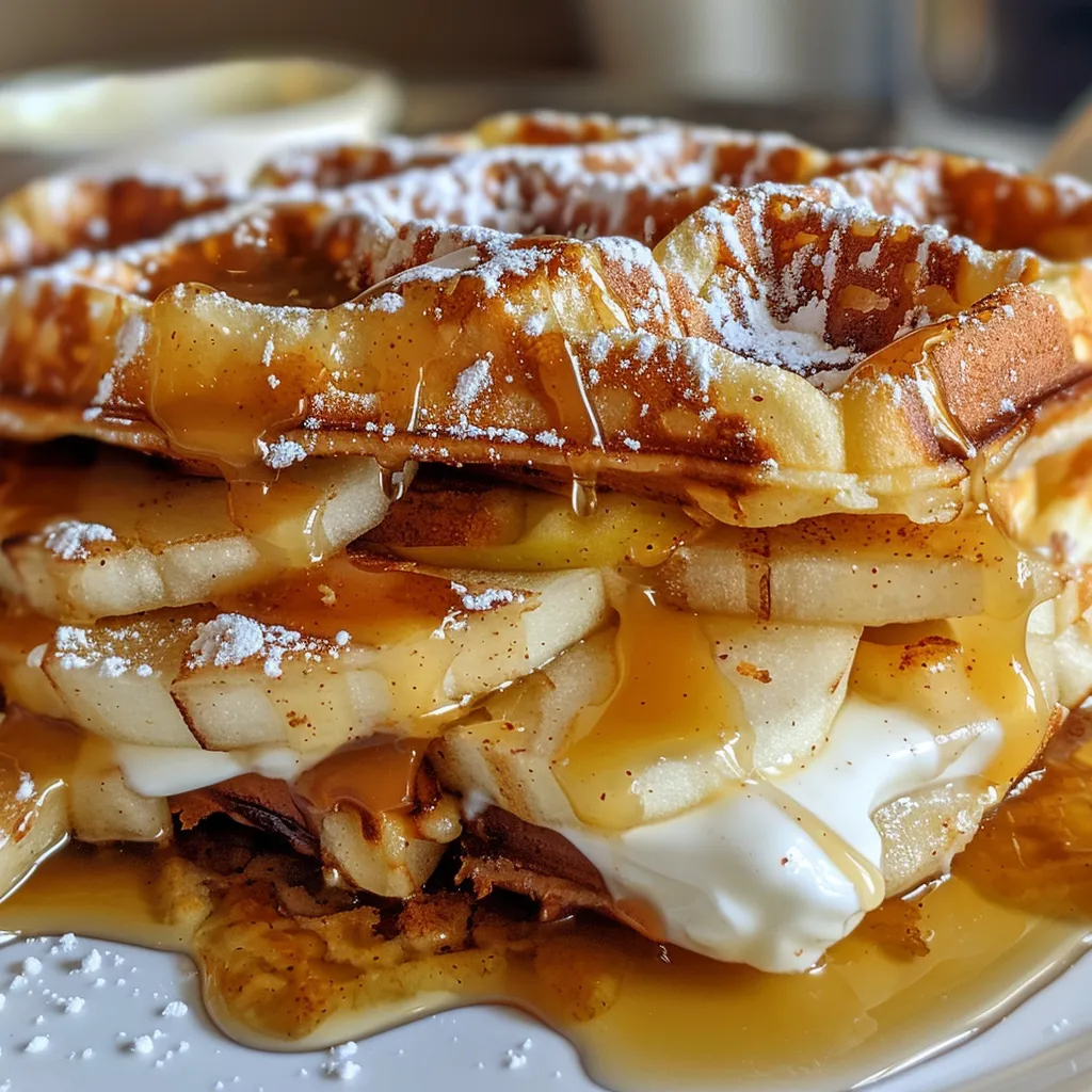 Side view of fluffy apple cinnamon waffles drizzled with maple syrup and sprinkled with cinnamon.