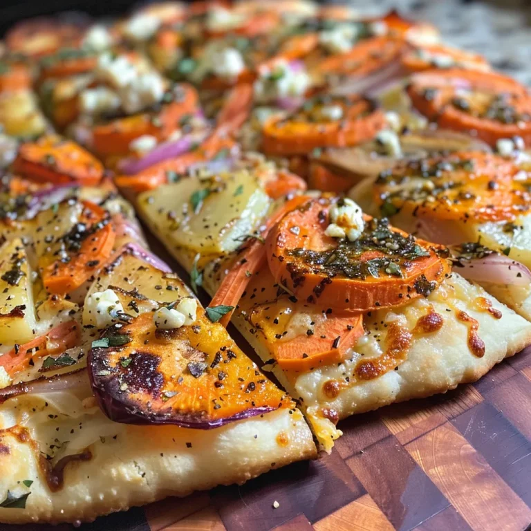 Close-up side view of a roasted root vegetable and goat cheese pizza drizzled with chili honey.