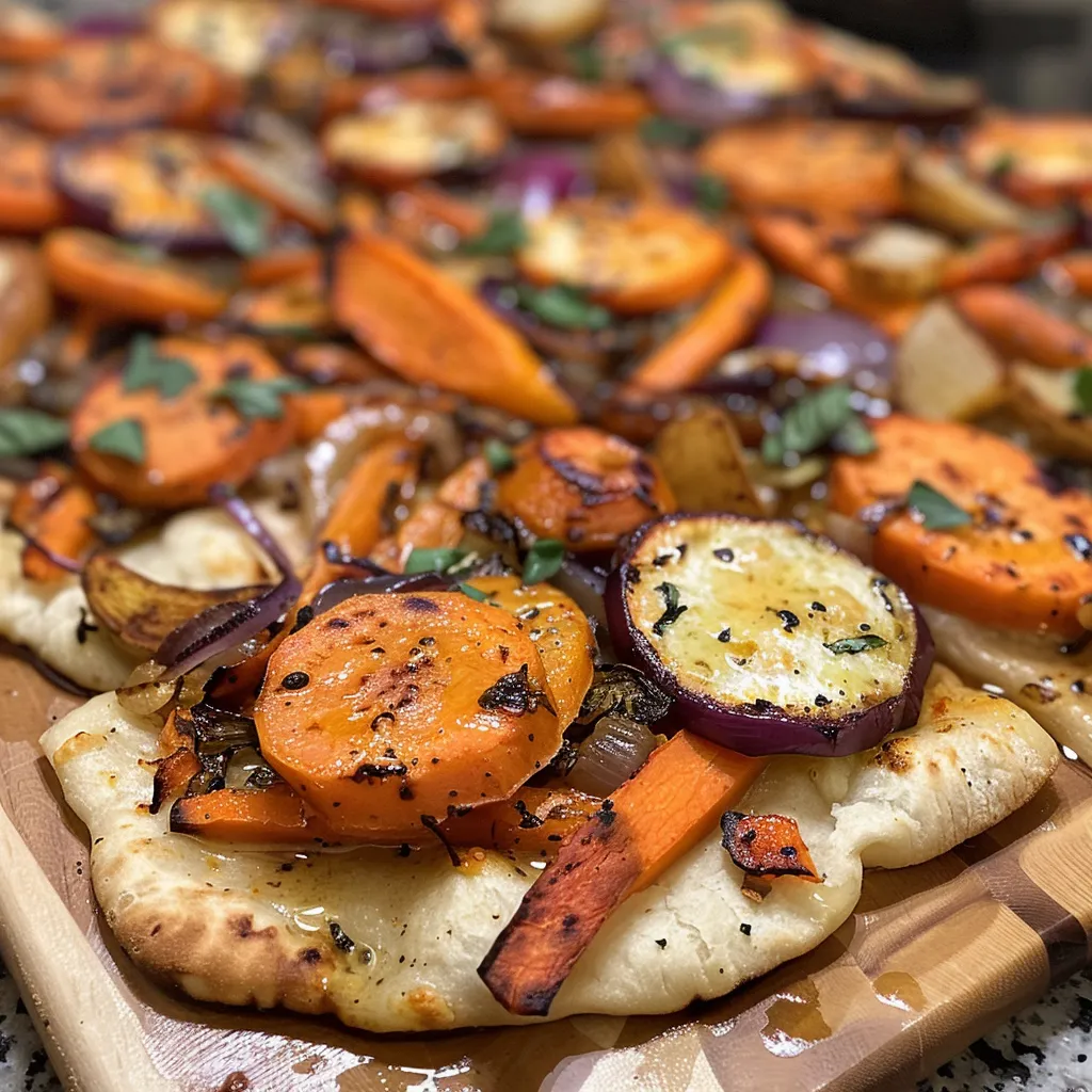 Juicy roasted root vegetable pizza topped with goat cheese and a sprinkle of chili flakes, presented at a diagonal angle.