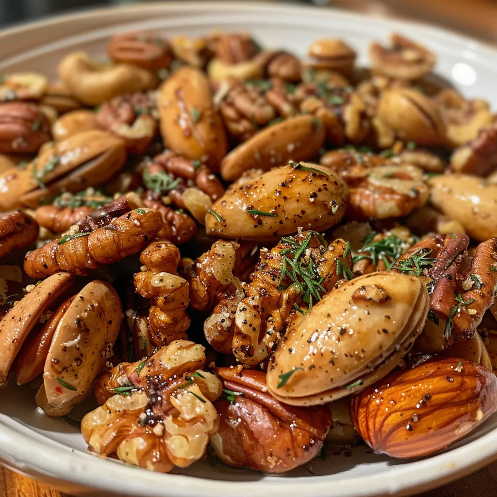 A vibrant assortment of savory spiced roasted nuts arranged in a bowl, showcasing their golden-brown color.