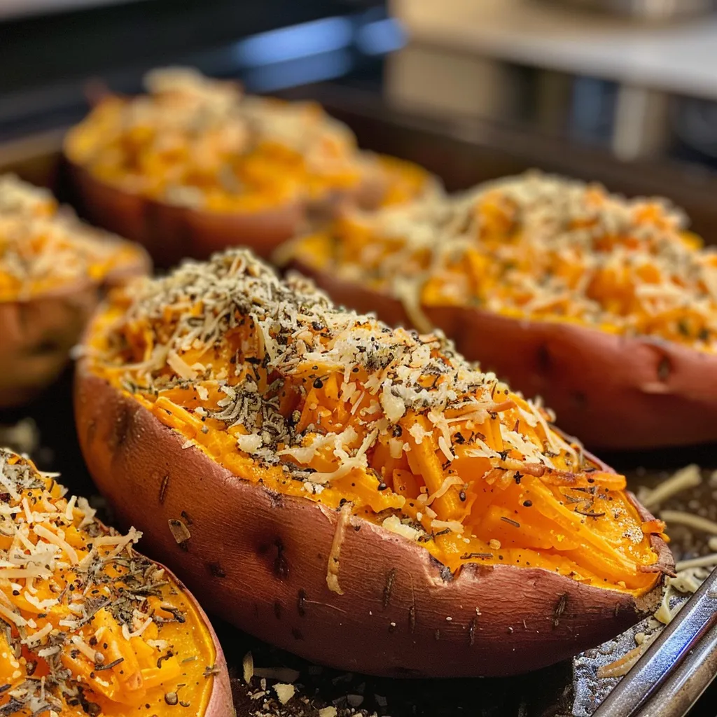 Close-up view of a baked sweet potato topped with cheese and butter.