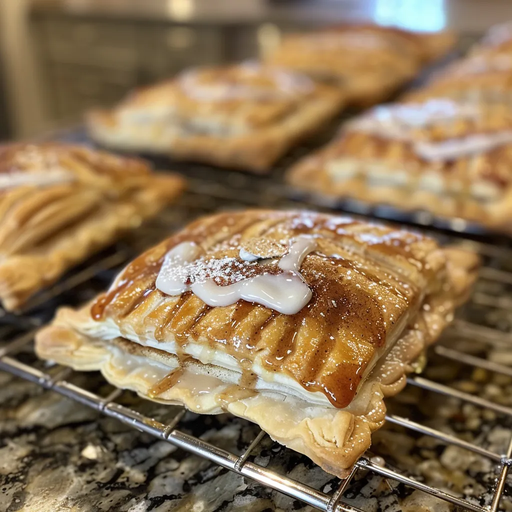 Close-up view of freshly baked cinnamon roll hand pies, showcasing the filling peeking through.