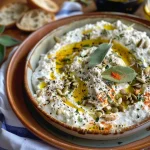 Close-up view of Mafghoussa topped with pumpkin seeds and sage leaves.
