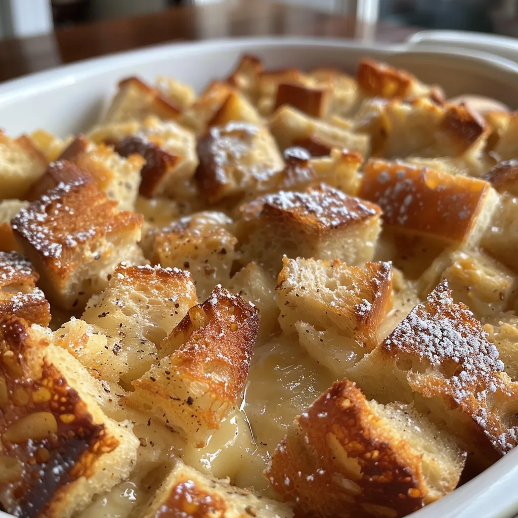 Side angle of a Maple French Toast Casserole, highlighting its fluffy texture.