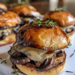 Close-up of vegetarian sliders made with portobello mushrooms and white cheddar cheese on Hawaiian rolls.