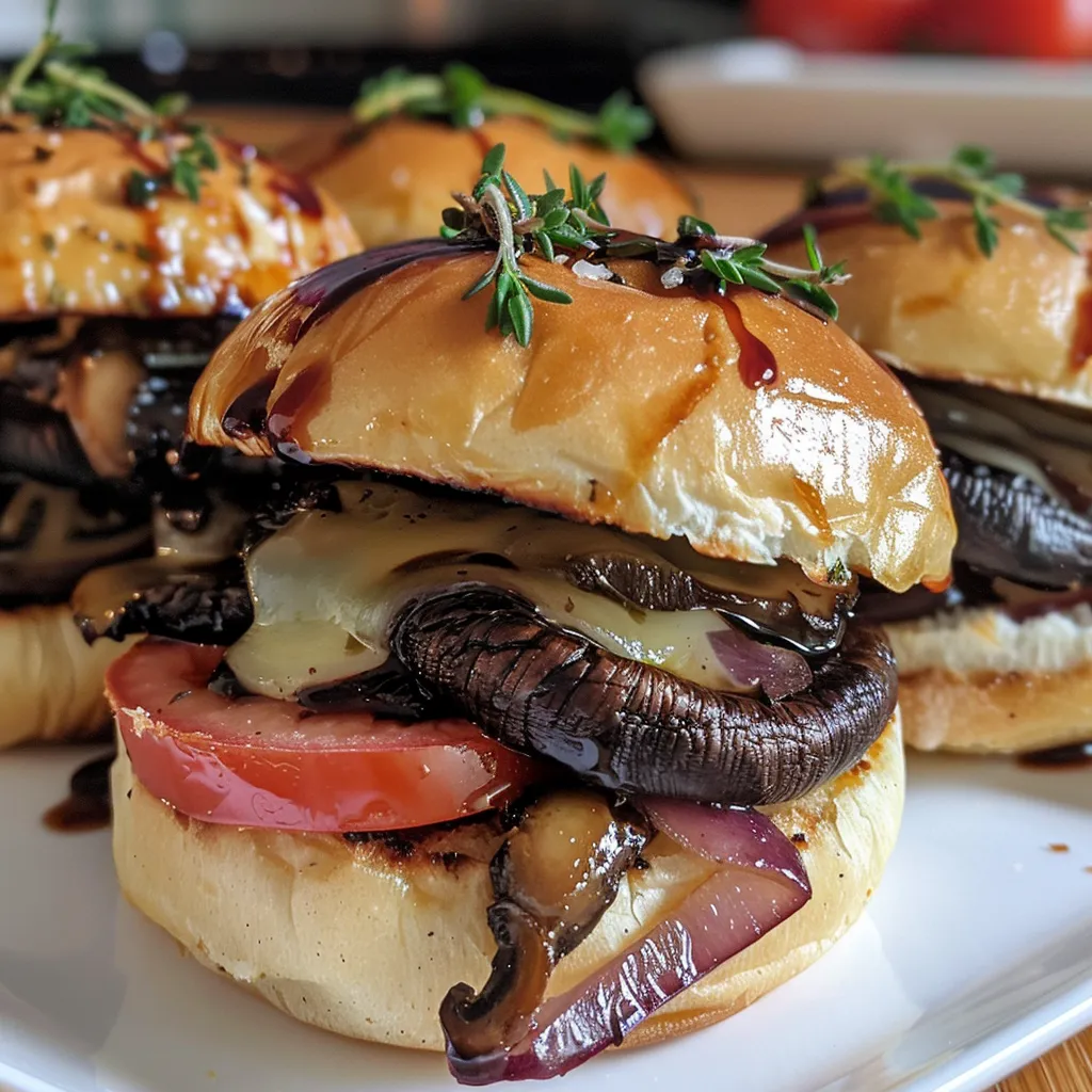 Side view of juicy vegetarian sliders loaded with grilled portobello mushrooms and melted cheese.