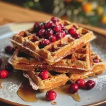 Close-up view of golden-brown vegan orange cranberry waffles topped with a shiny maple cranberry compote.