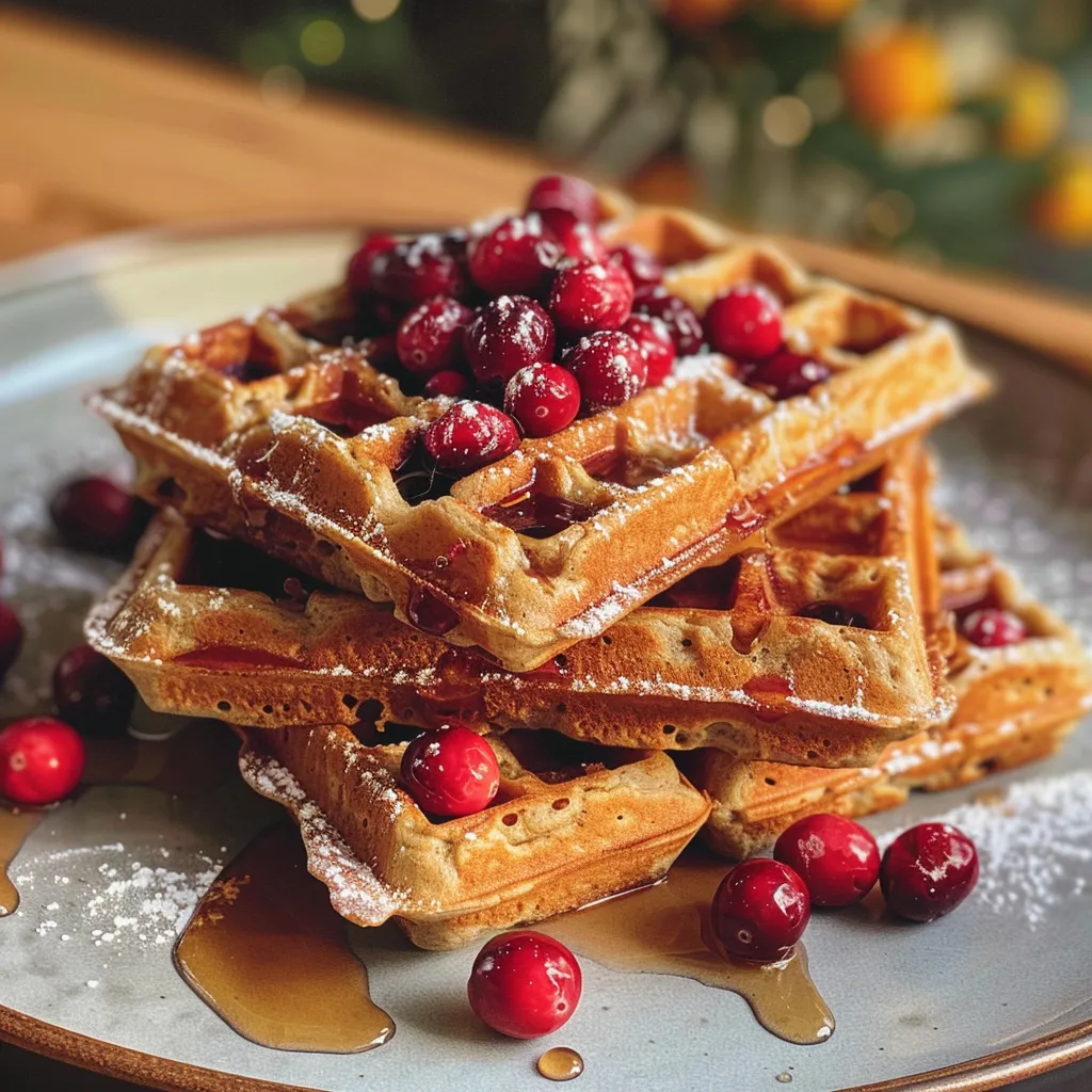 Close-up view of golden-brown vegan orange cranberry waffles topped with a shiny maple cranberry compote.