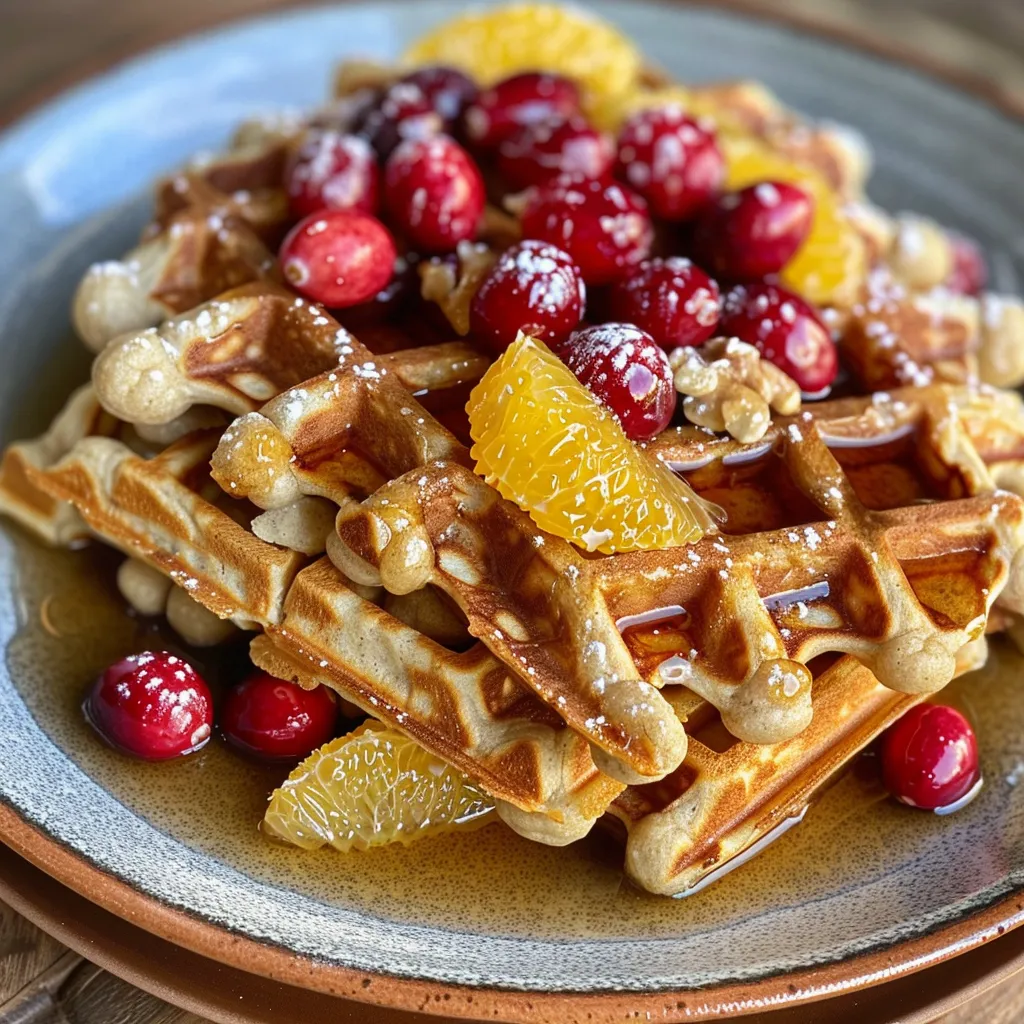 Side shot of delicious vegan waffles, garnished with fresh cranberries and drizzled maple syrup.