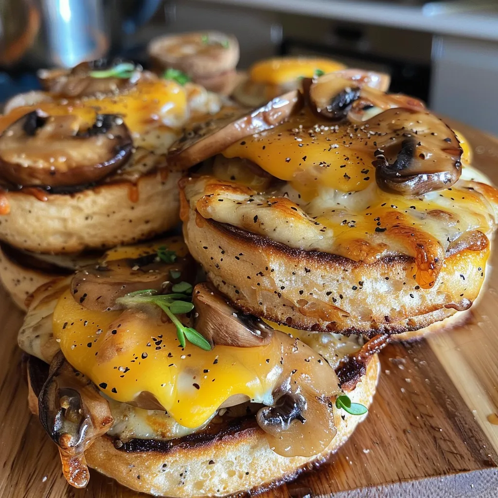 Side view of freshly baked Mushroom and Rarebit Muffins with melted cheese.