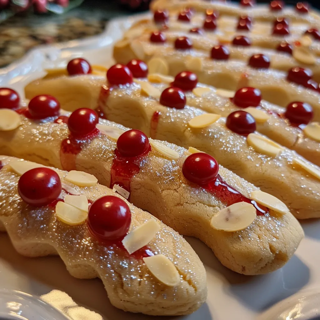 Side view of Witch's Fingers Sugar Cookies with a smooth texture and vibrant red candy embellishments.