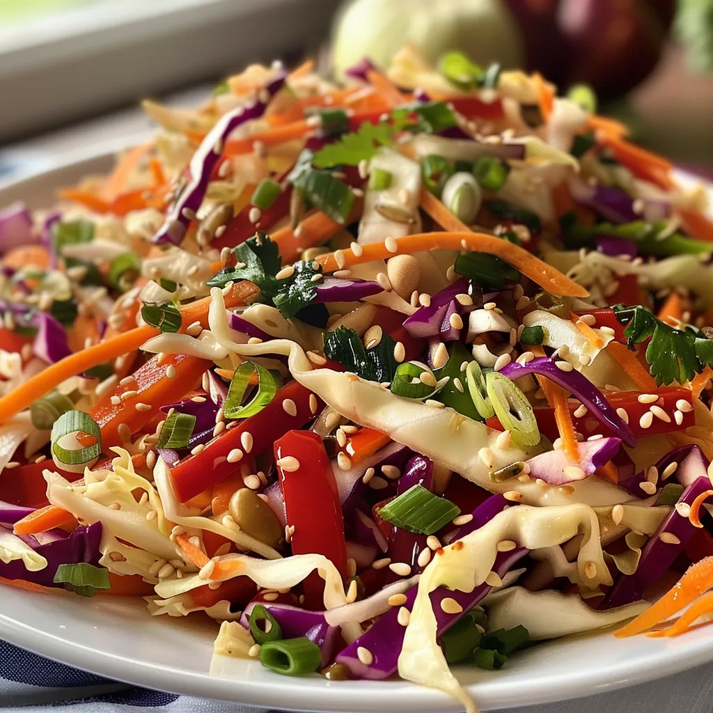 Side angle of vibrant coleslaw featuring thinly sliced cabbage, carrots, and peppers.
