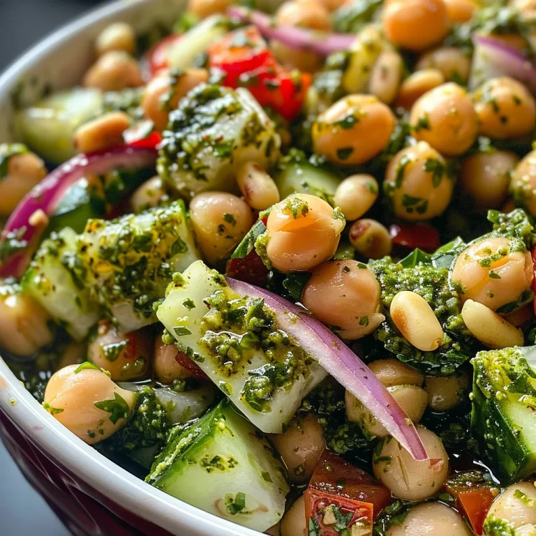 Close-up view of a colorful Pesto Bean Salad with fresh ingredients.