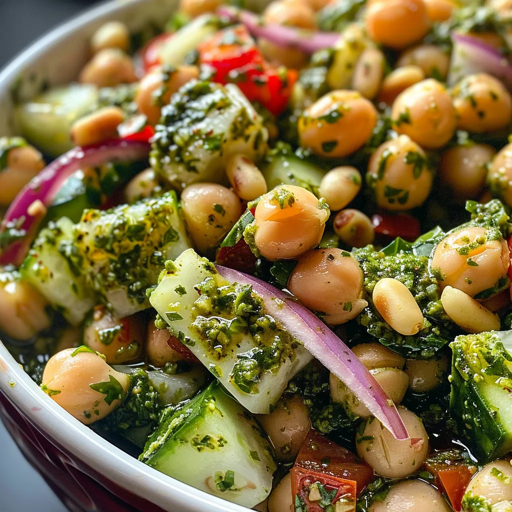 Close-up view of a colorful Pesto Bean Salad with fresh ingredients.