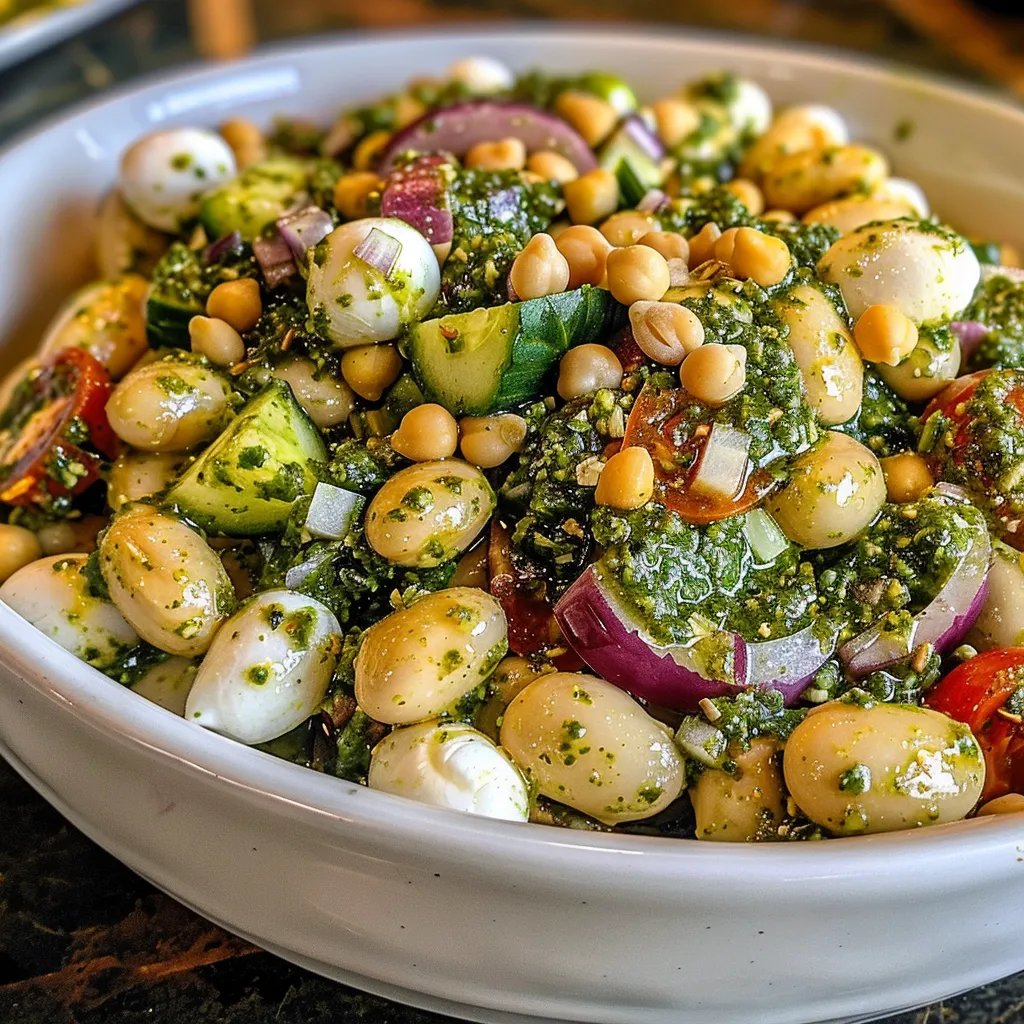 Side view of a Pesto Bean Salad featuring beans, cheese, and vegetables.