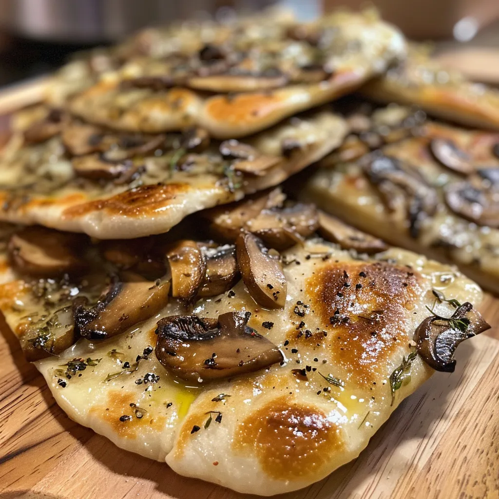 Close-up view of roasted garlic and wild mushroom naan flatbreads, showcasing a golden crust and savory toppings.