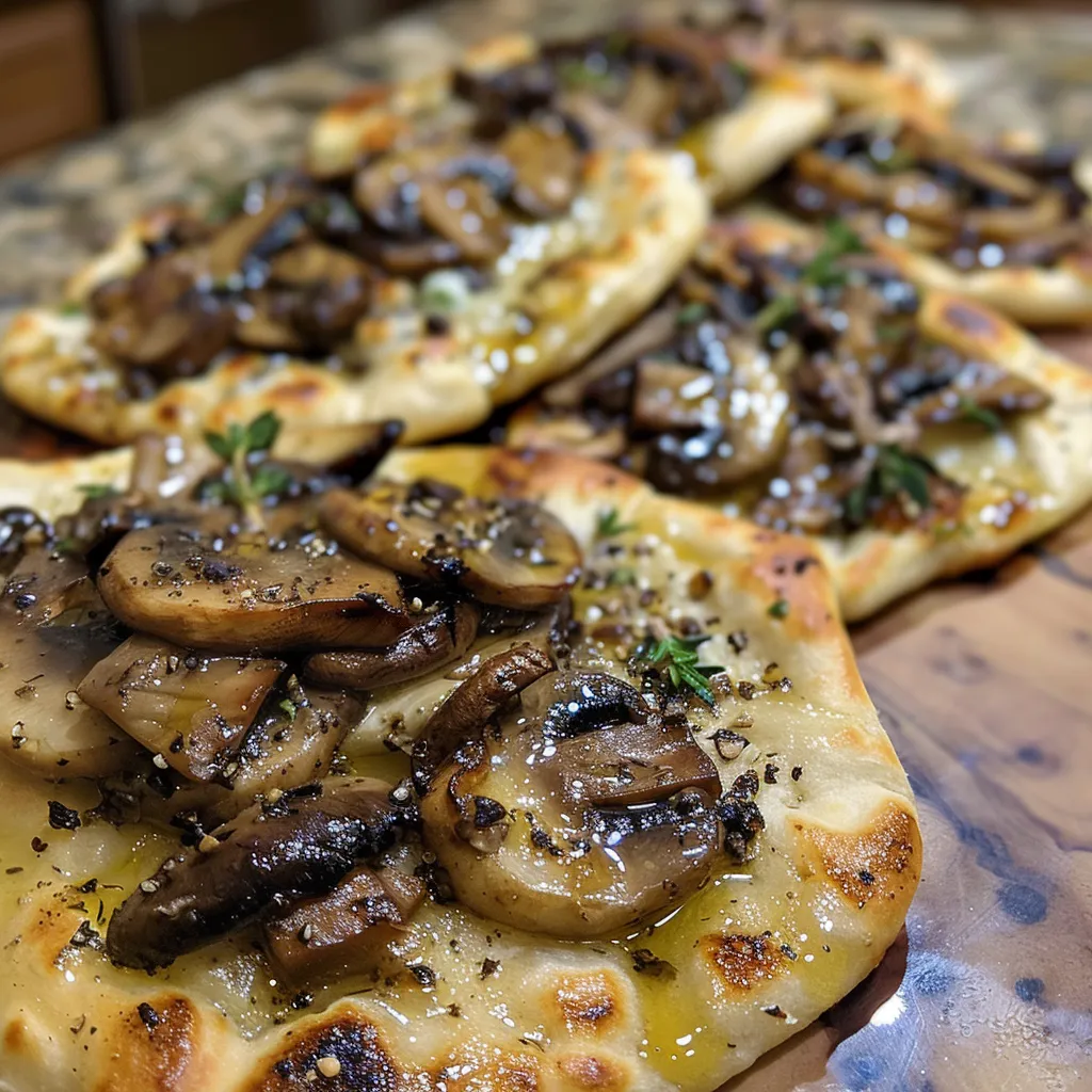 Side angle photo of naan flatbreads topped with roasted garlic and a variety of wild mushrooms, garnished with herbs.