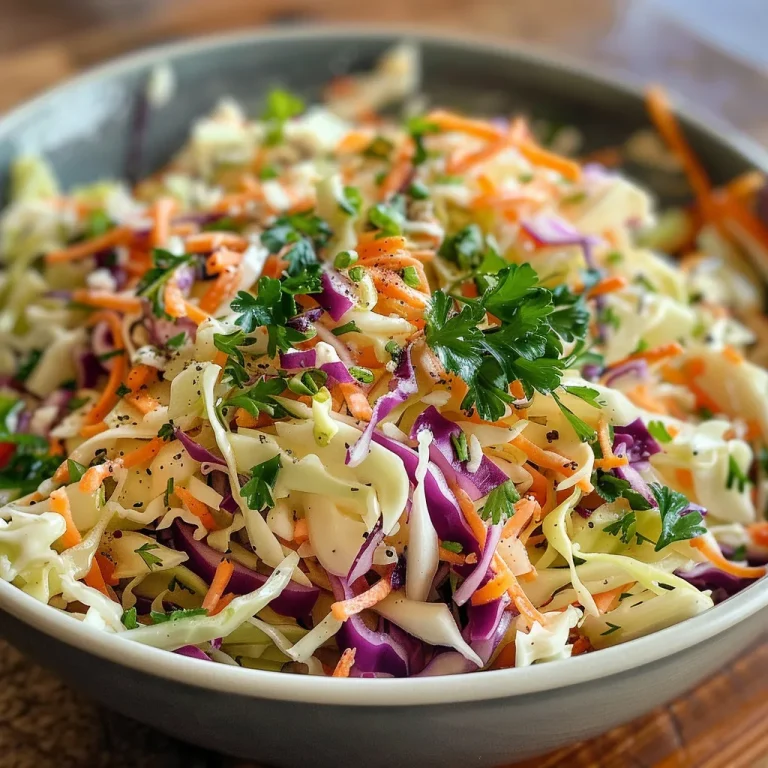 Close-up view of a bowl of homemade coleslaw with colorful vegetables.