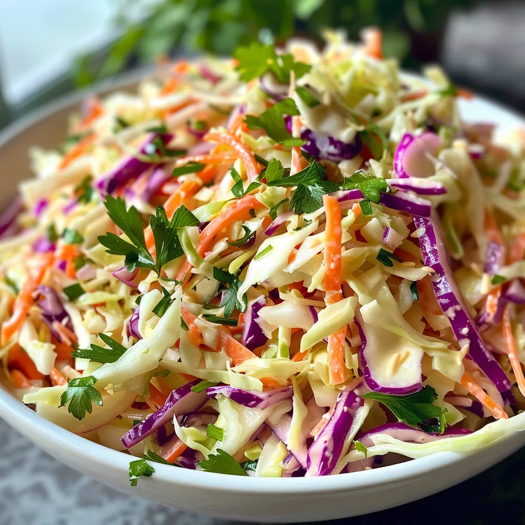 Side view of a vibrant coleslaw dish featuring shredded cabbage and carrots.