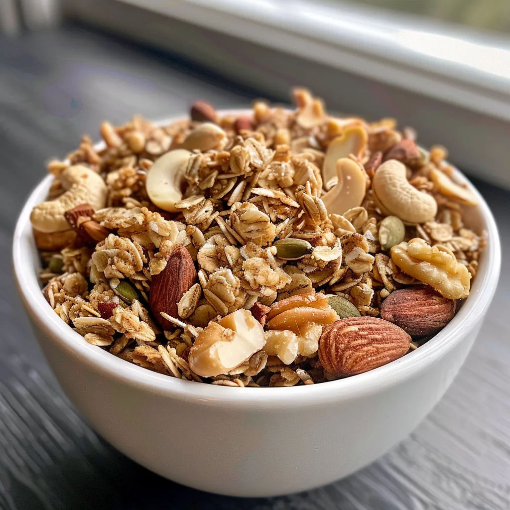 Side angle of a vibrant dish showcasing chunky protein granola with nuts and seeds.