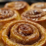 Close-up view of soft, gooey cinnamon rolls with a rich glaze.