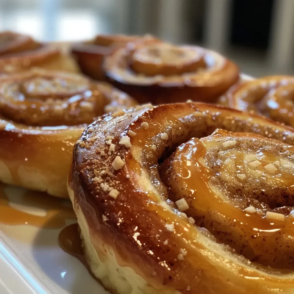 Side view of ultra fluffy cinnamon rolls topped with creamy frosting.