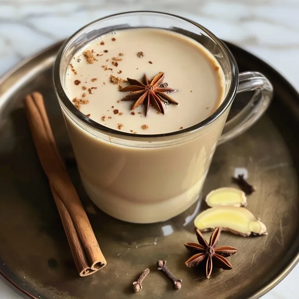 Side view of a steaming cup of Vanilla Oolong Chai surrounded by ingredients.