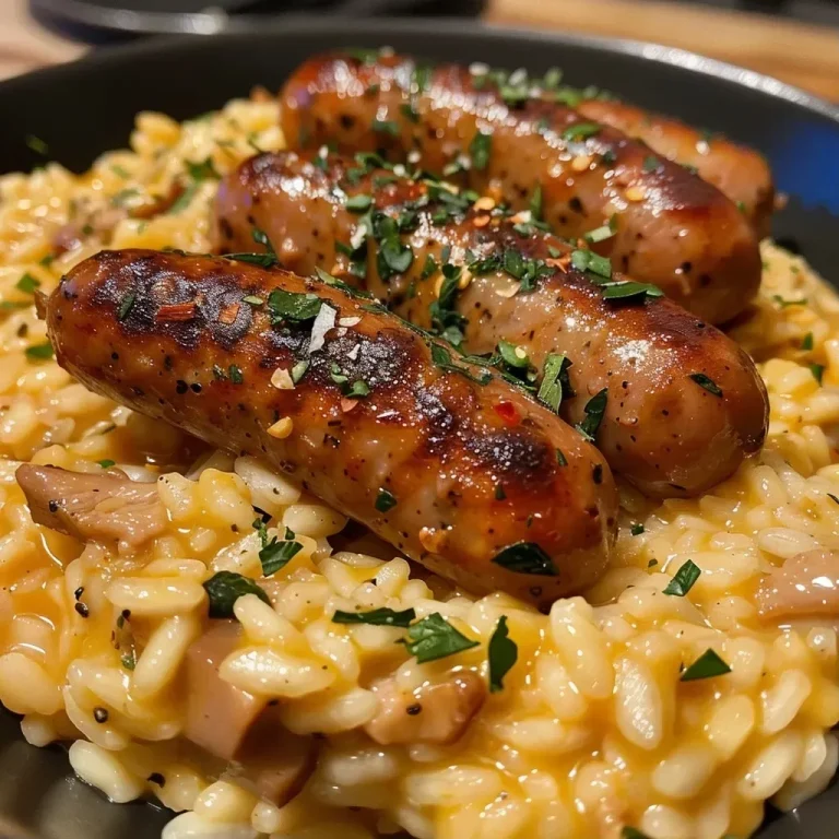Close-up side view of a juicy vegan bratwurst served with lemon and roasted pepper risotto.