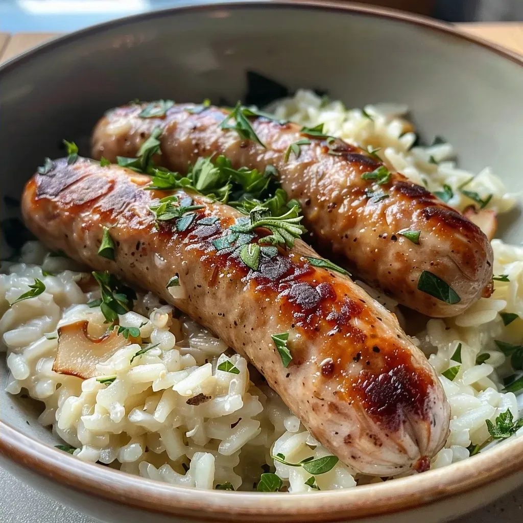 A vibrant dish featuring vegan bratwurst alongside a creamy lemon-paprika risotto, garnished with fresh parsley.