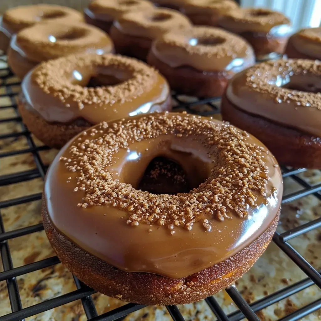 Side view of a stack of vegan gingerbread donuts, showcasing their fluffy texture and rich glaze.