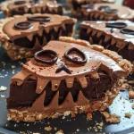 Close-up view of vegan Jack Skellington chocolate tarts with a spooky design.