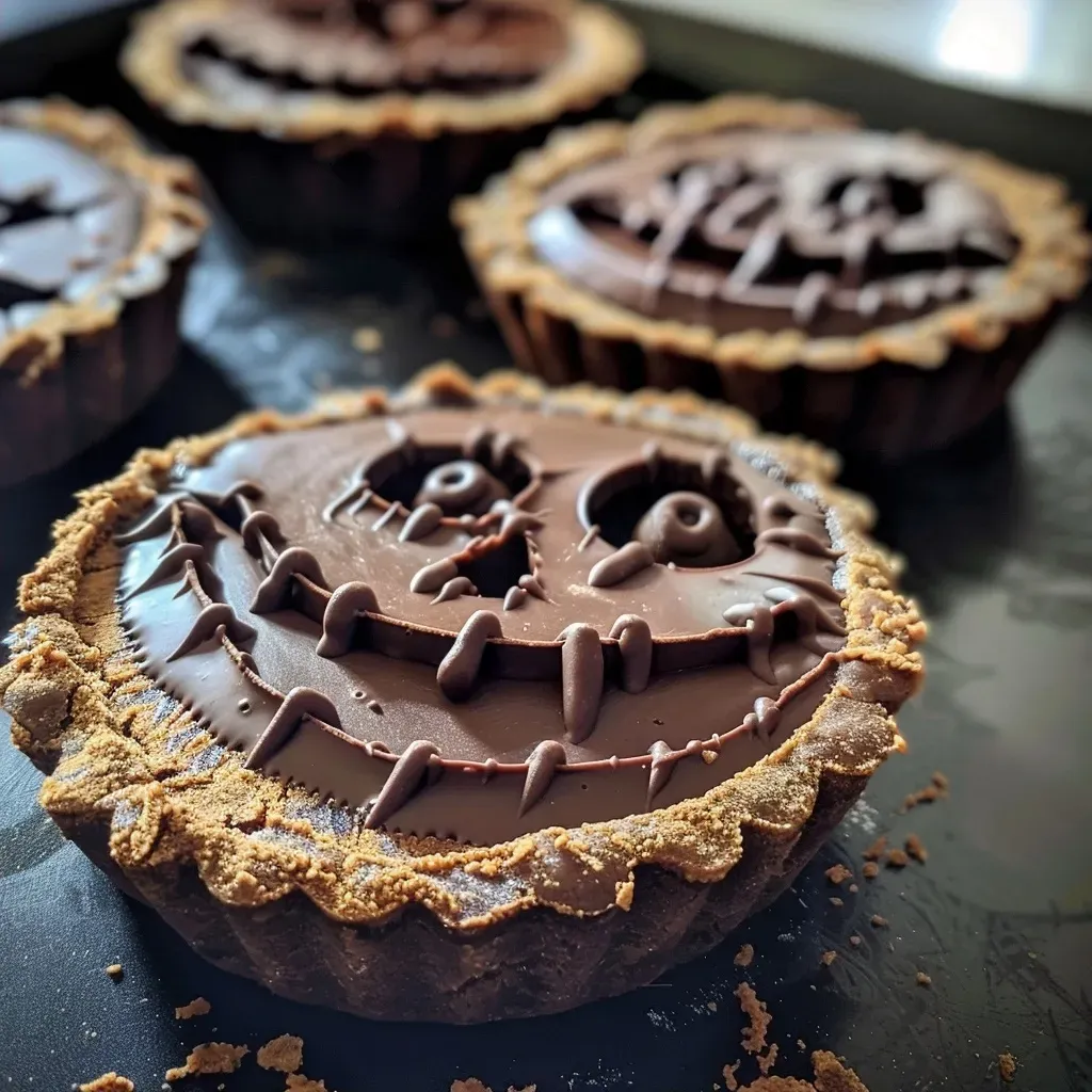 Side view of intricately decorated vegan chocolate tarts resembling Jack Skellington.