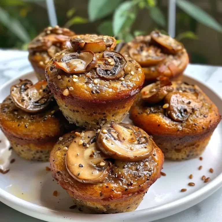 Savory Vegan Almond Flour Muffins: A High-Protein Delight! Close-up side view of vegan mushroom muffins with a golden-brown crust and visible chunks of mushrooms.