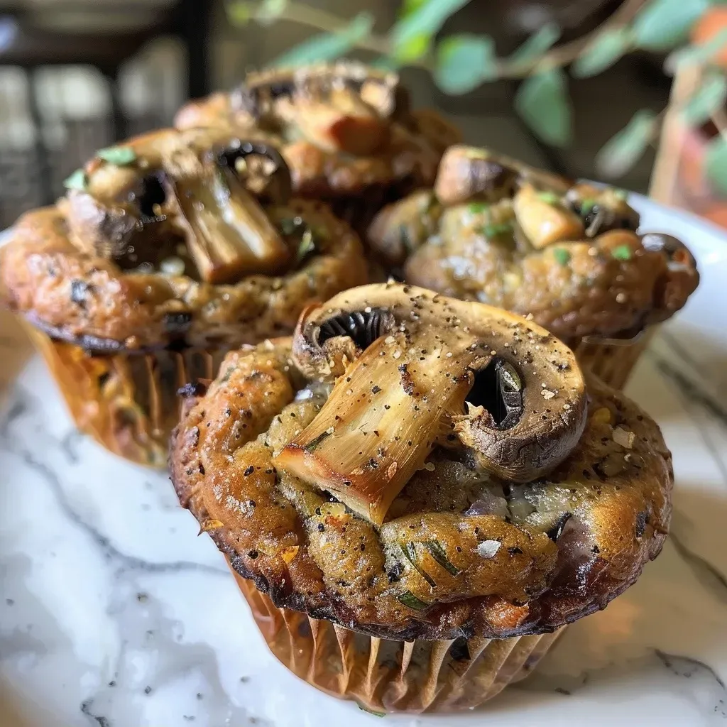 Juicy vegan almond flour mushroom muffins displayed on a rustic wooden table, highlighting their texture.
