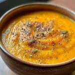Close-up view of creamy vegan pumpkin spiced soup in a bowl.