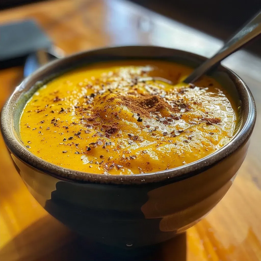 Side view of a bowl filled with vibrant orange pumpkin soup, garnished.