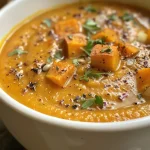 Close-up view of a creamy orange soup in a bowl, topped with a drizzle of maple syrup.