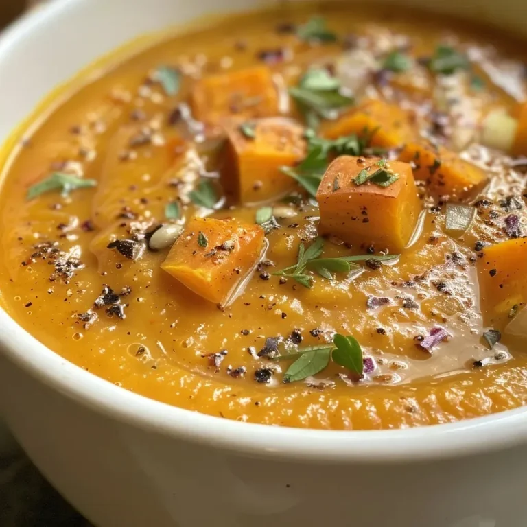 A Cozy Bowl of Velvety Maple Sweet Potato Bliss for Busy Nights Close-up view of a creamy orange soup in a bowl, topped with a drizzle of maple syrup.