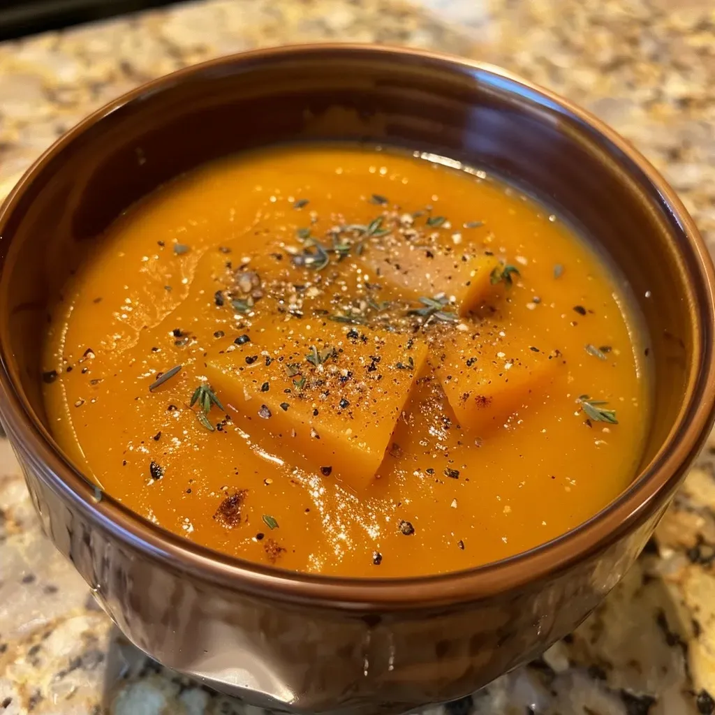 Side view of velvety sweet potato soup in a rustic bowl, garnished with herbs.