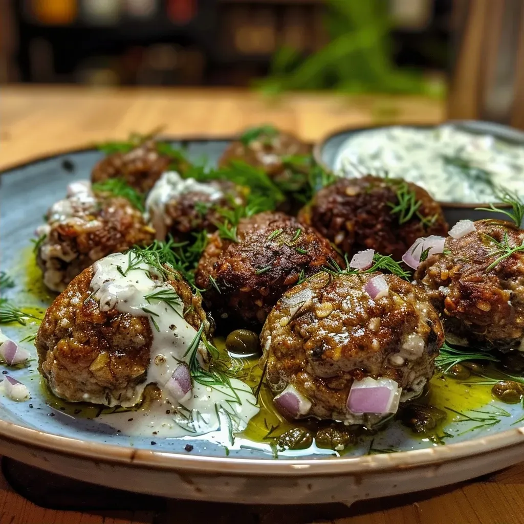 A side view of walnut meatballs, garnished with fresh herbs and accompanied by tzatziki.