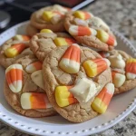 Close-up view of White Chocolate Candy Corn Cookies with colorful candy corn sprinkled on top.